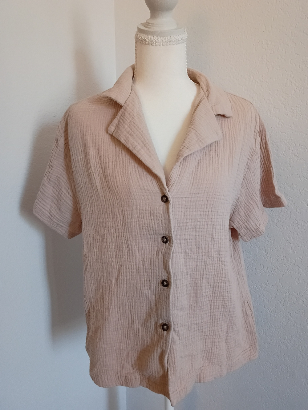 Altar'd State Light Blush Button-Down Shirt 100% Cotton Neutral Boho Minimalist